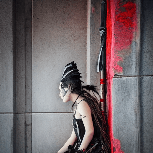 AI generated: a girl kneels down behind a wall holding a sword, in the style of cybergoth, red threads, midwest go...