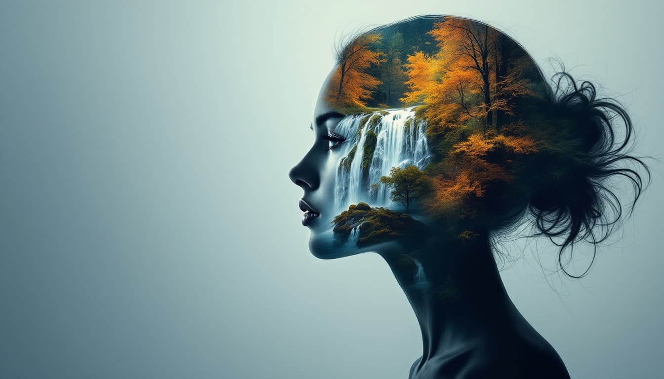 AI generated: [Abstract style waterfalls, wildlife] inside the silhouette of a [woman] âs head that is a double ...