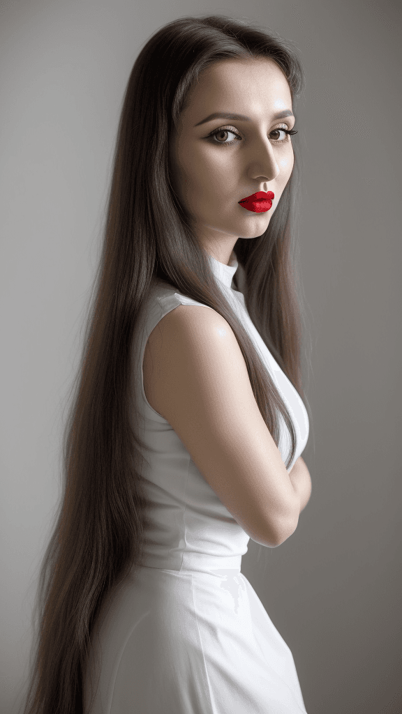 AI generated: arafed woman with long hair and white lipstick posing for a picture, ekaterina, profile image, red l...