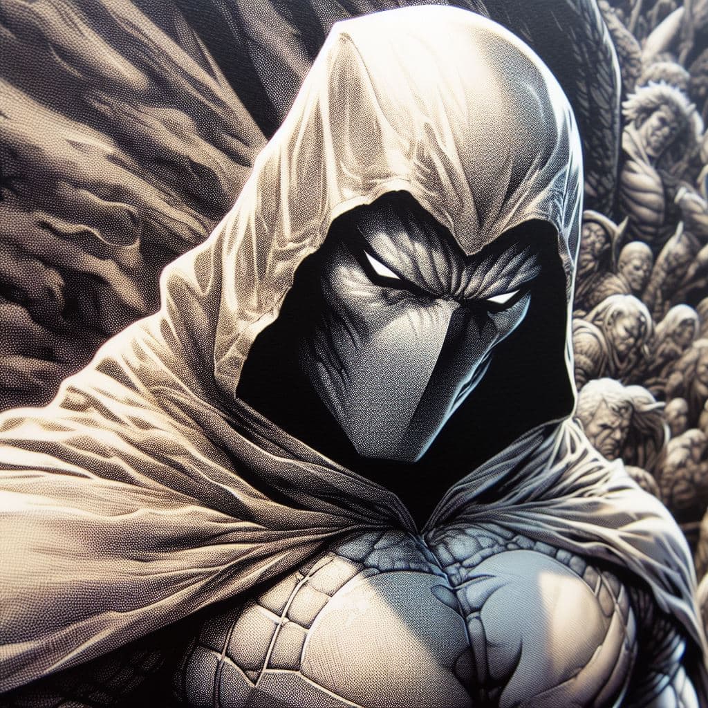 AI generated: close up of Moon Knight of Marvel, Masterpiece, gigantic scale, ascii-art --no mockup, signature, wa...