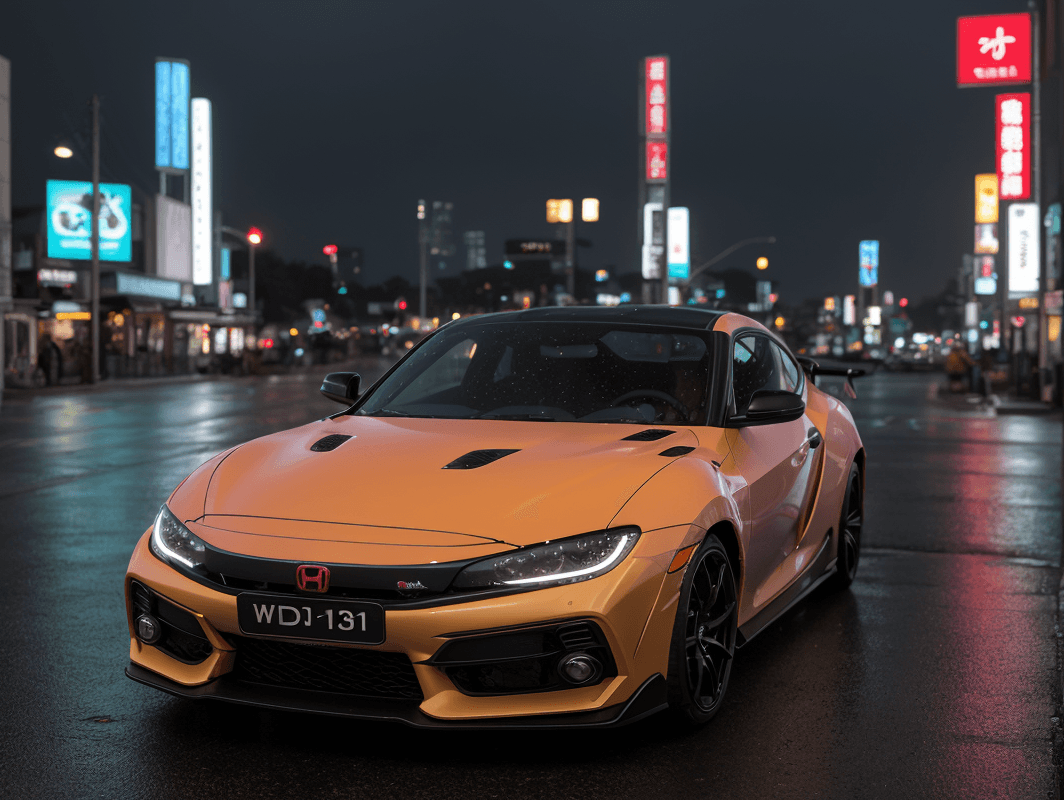 AI generated: (wideboddied:1.2) [honda civic type r : toyota supra : (McLaren P1:0.9)] hatchback, neon street, cit...