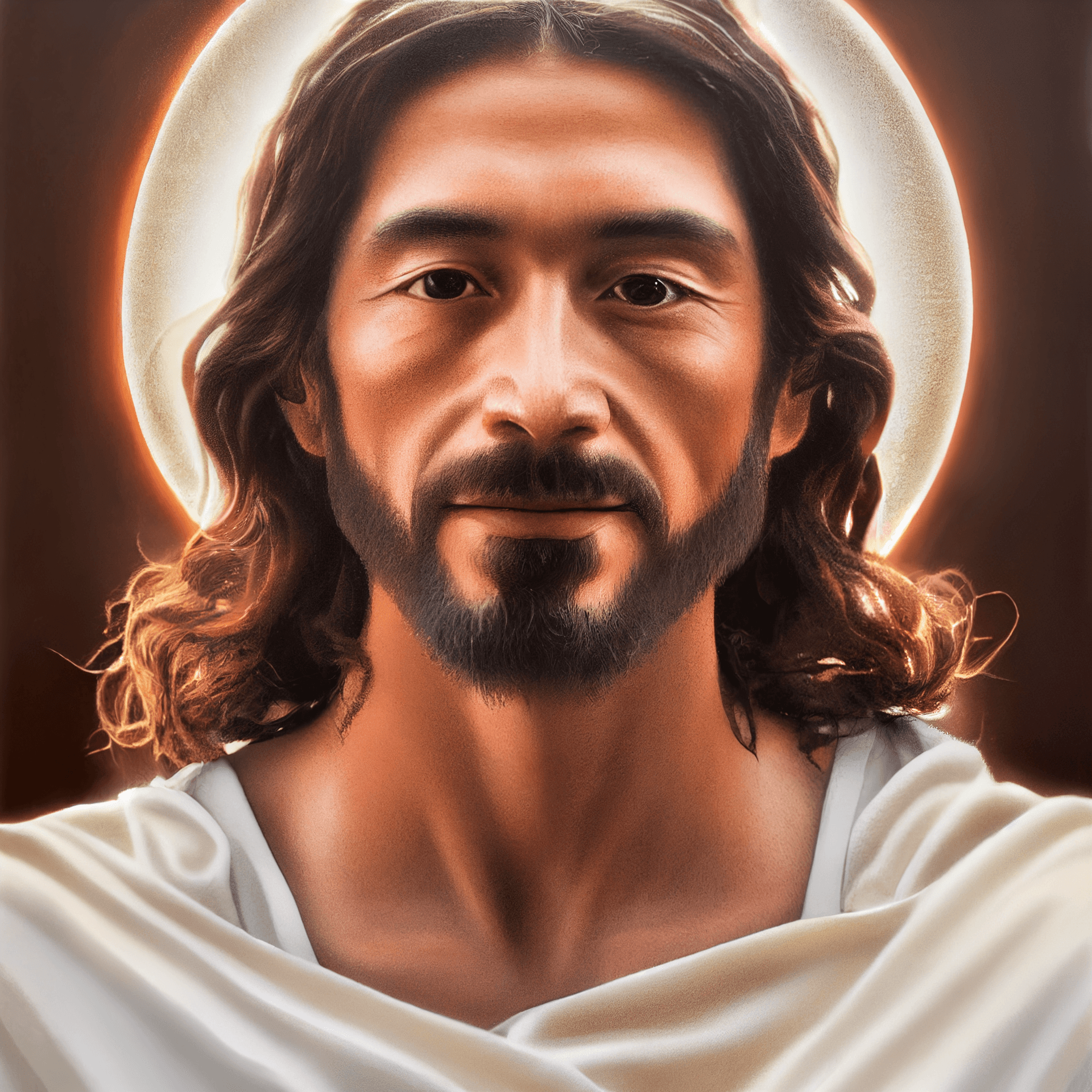 AI generated: Jesus Christ slightly smiling, brown skin, white clothes, shining white halo above head, photorealis...