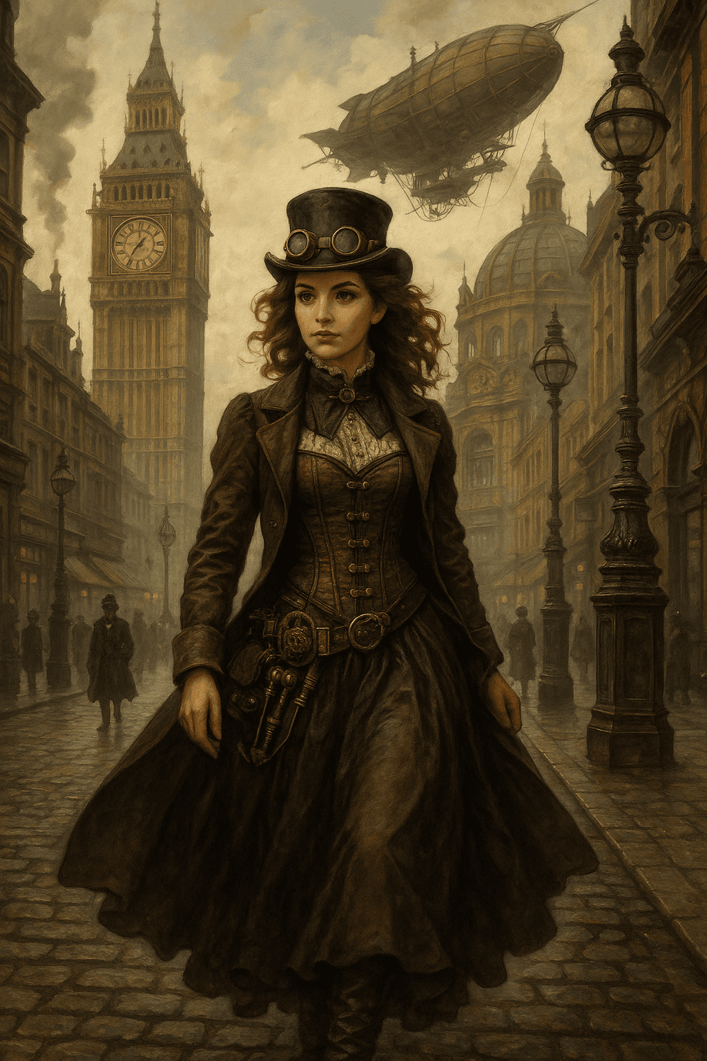 AI generated: Portrait of a Steampunk-inspired Victorian alternative universe, a woman walking in the streets of L...