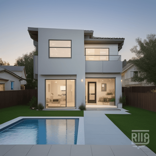 AI generated: modern family house with back yard for sale realistic photo