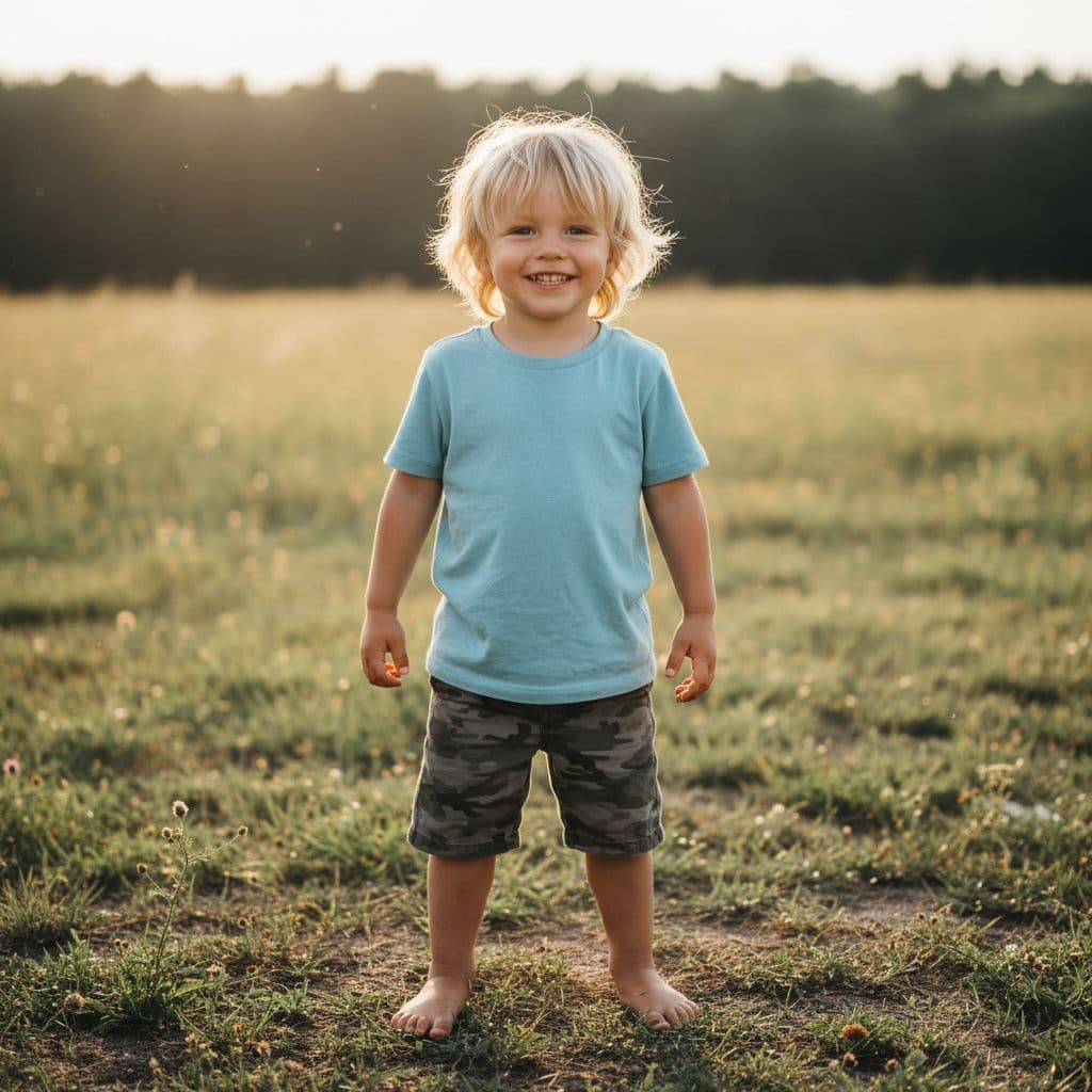 AI generated: Boy kid blond cuerpo completo pies descalzos 
