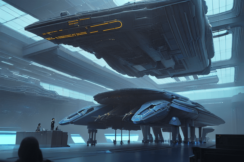 AI generated: sketches blueprint of futuristic sci-fi huge spacecraft, warp engines, formulas and annotations, sch...