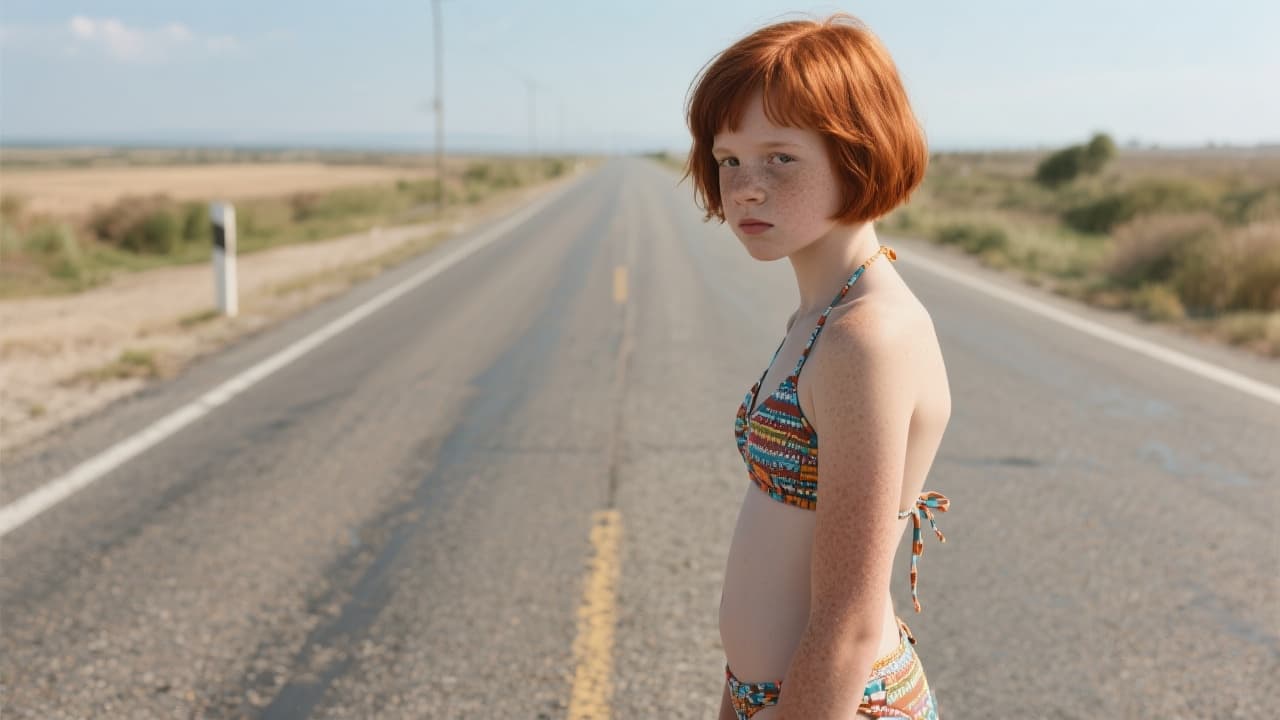 AI generated: a young 13 year old redhead with a pixie hair cut in a bikini on a deserted road,