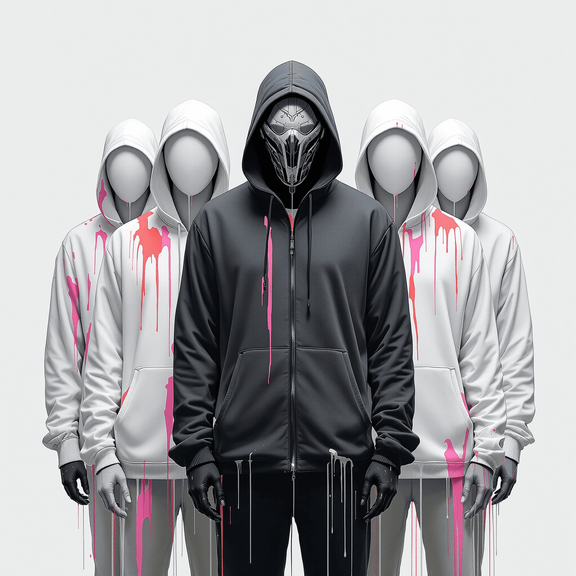 AI generated: Five faceless figures in matching hooded jackets, a central figure in dark gray, and four in vibrant...