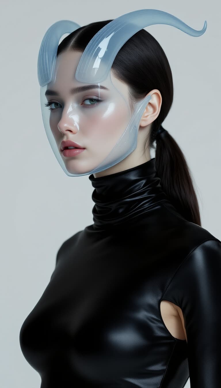 AI generated: A female model wears a sleek, black, high-necked leotard made of a satin-like or techno-fiber materi...