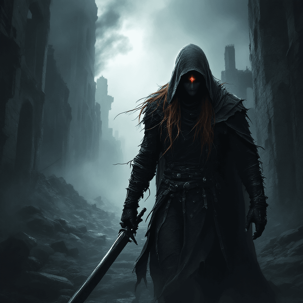 AI generated: A mysterious figure cloaked in shadows with long, dark auburn hair often hidden beneath a hood. His ...