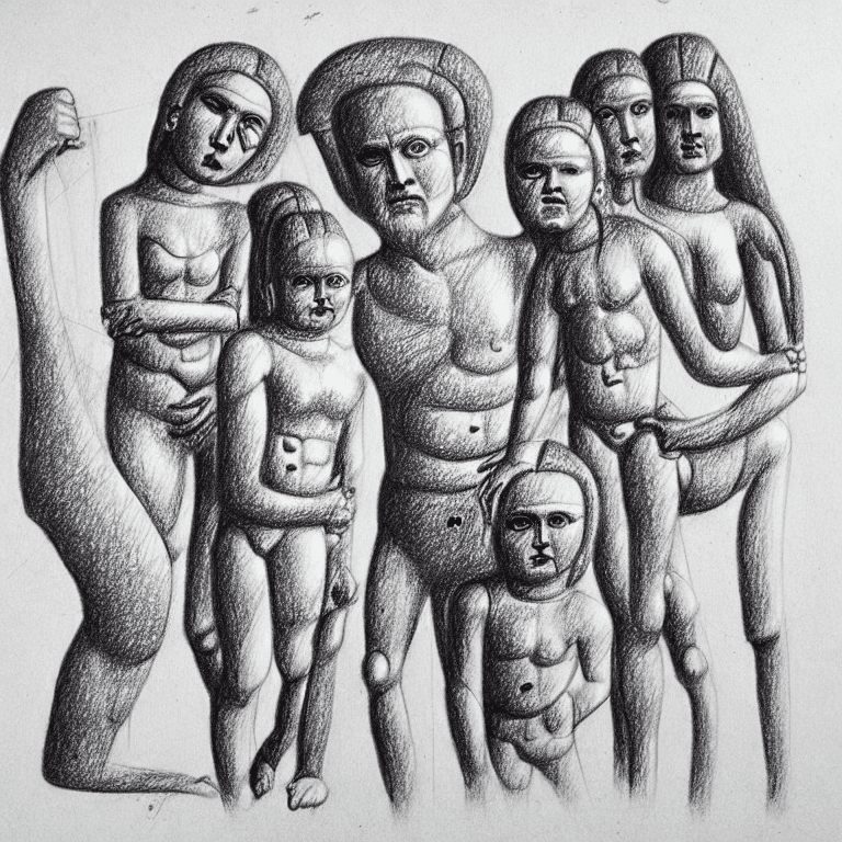 AI generated: Ancient family, pencil drawing, very badly designed, drawing made by a madman, iconcluente design, v...