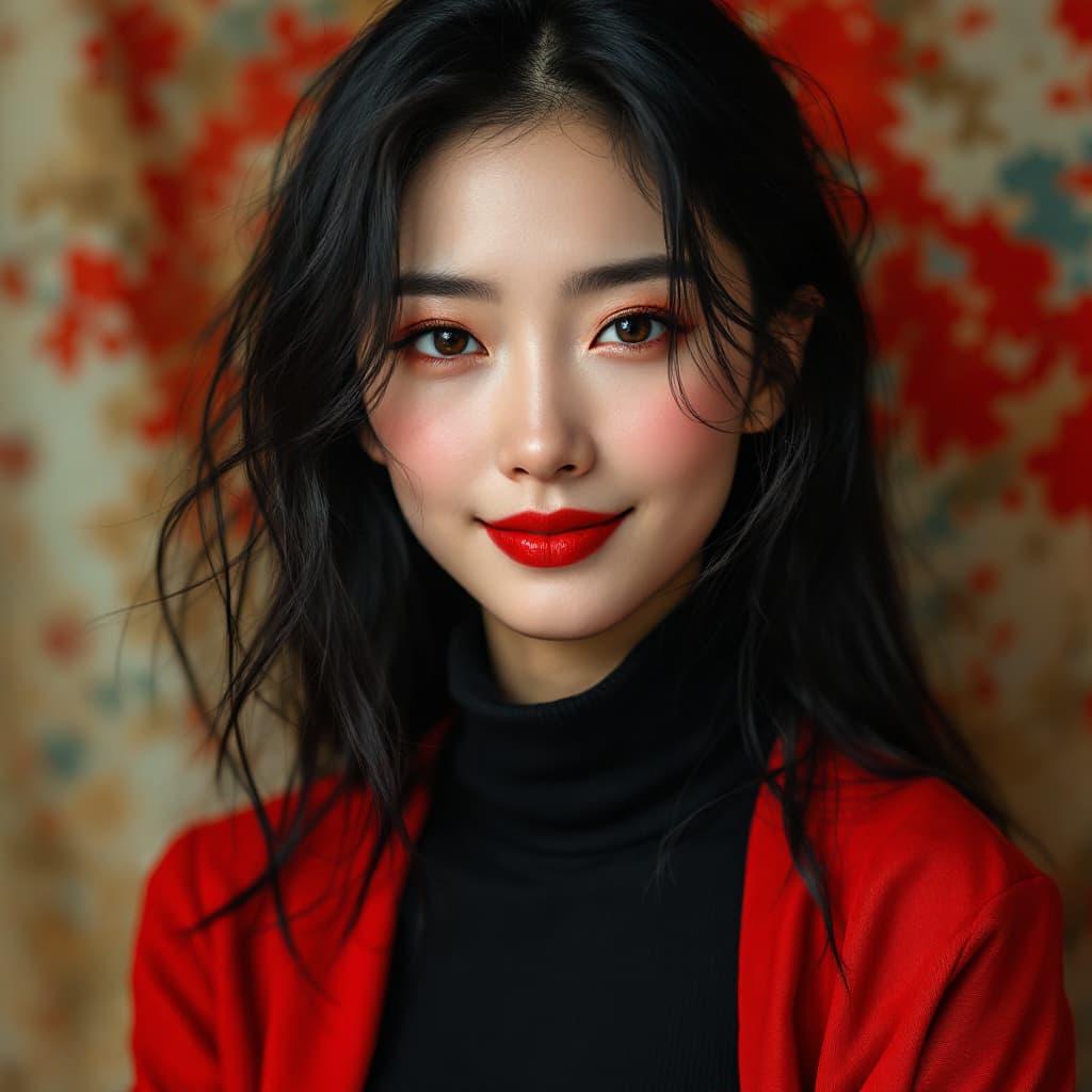 AI generated: portrait de d'une femme asiatique de face, avec des cheveux raide long noir, une frange coupée droit...