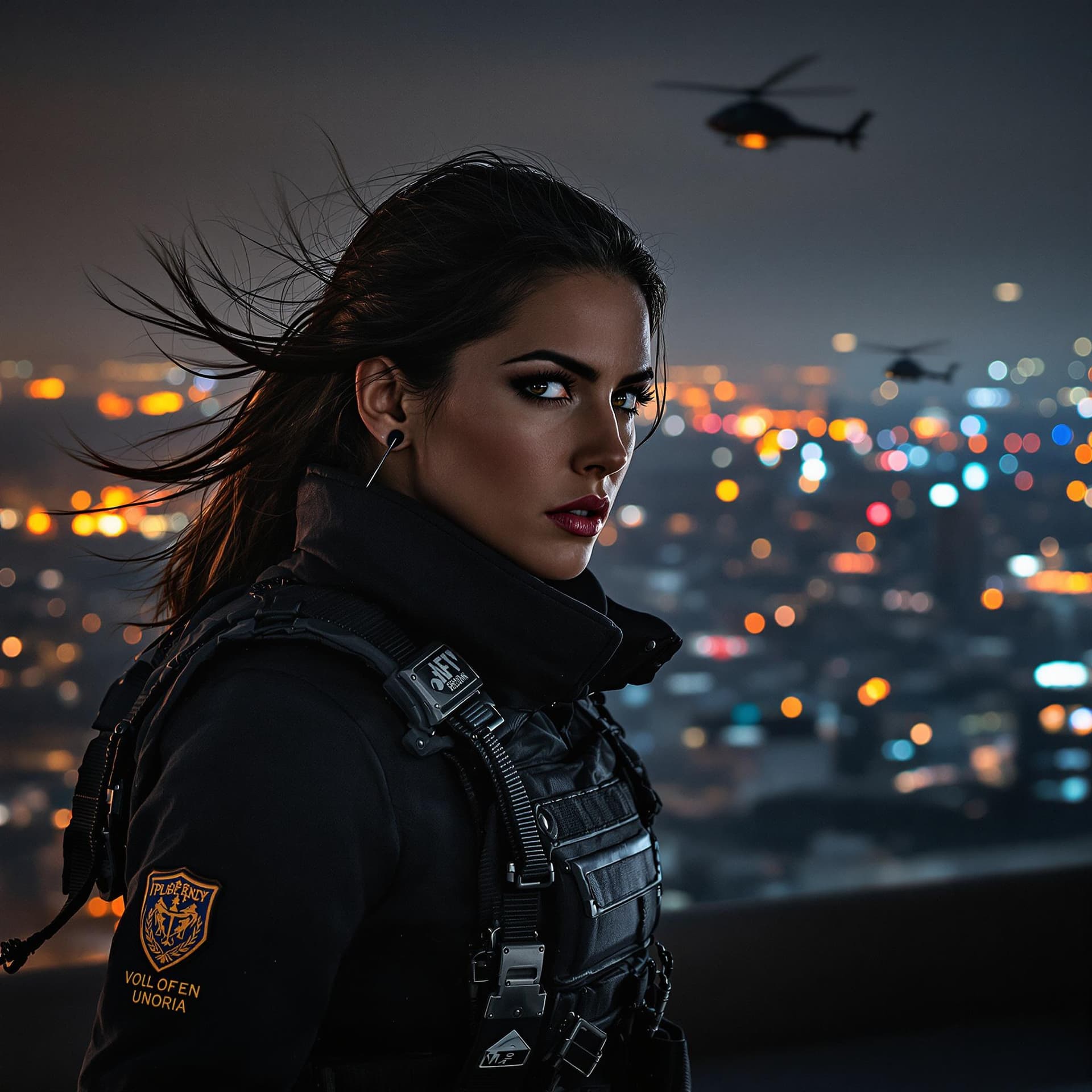 AI generated: A hyper-realistic Italian woman in her late 20s standing at the edge of a rooftop at night, overlook...