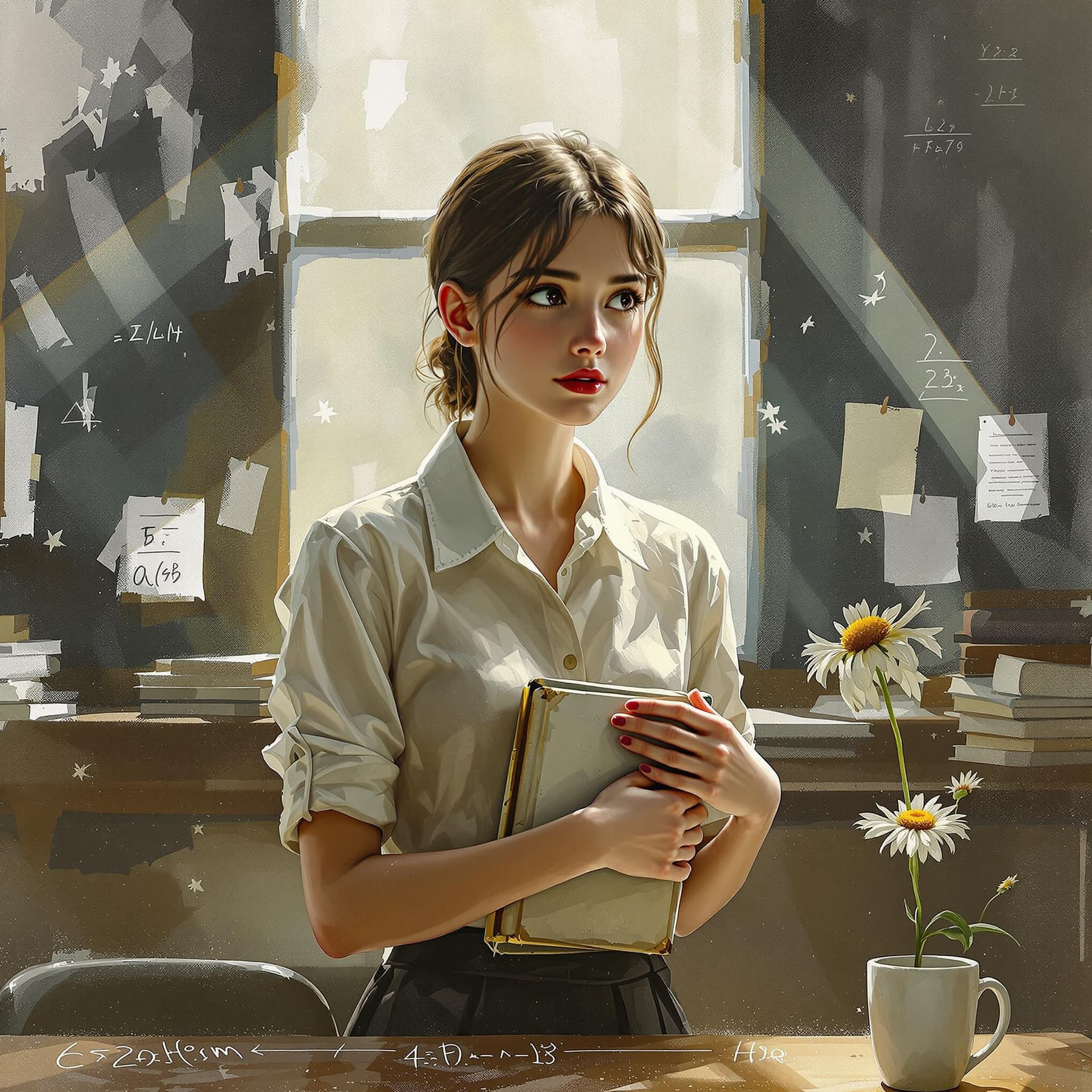 AI generated: "A solemn young teacher stands thoughtfully at her classroom desk, her pale complexion softly lumino...