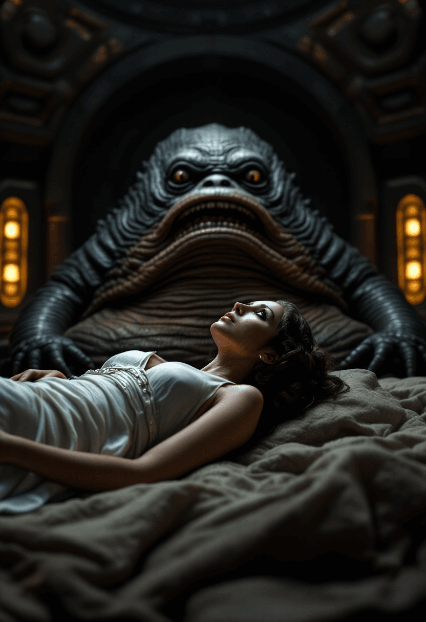 AI generated: A (hyper_detailed) 8K image of princess Leia laying in front of Jabba  the Hut in the dark chamber.