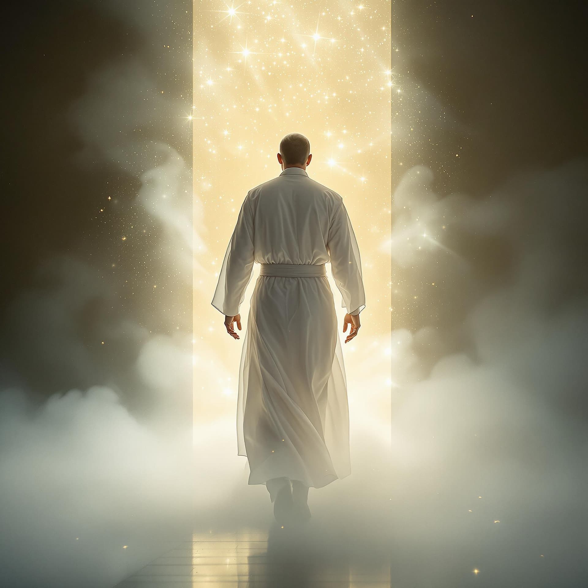 AI generated: A fine art, hyper-realistic, cinematic image of a man wearing a white long cotton robe with a sash, ...