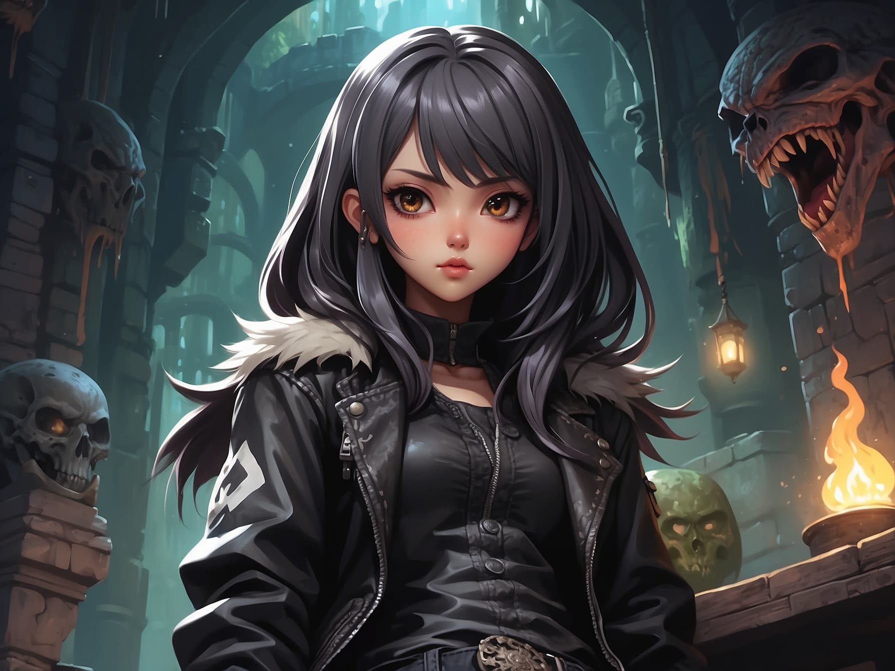AI generated: a girl with black hair and a leather jacket, a detailed painting by Lü Ji, Artstation, gothic art, a...