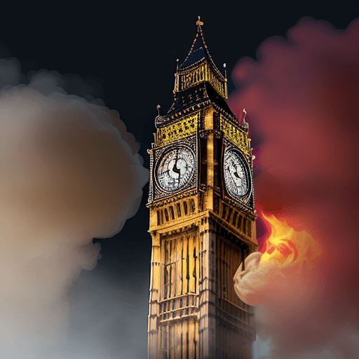 AI generated: big ben burning, glowing flames coming out of the tower, smoke, 4k