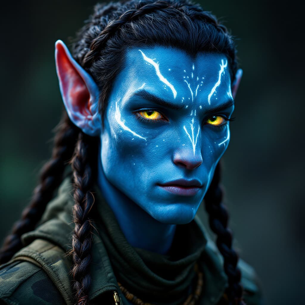 AI generated: A Na'vi avatar from James Cameron's Avatar franchise   All Blue skin beautiful slightly darker blue ...