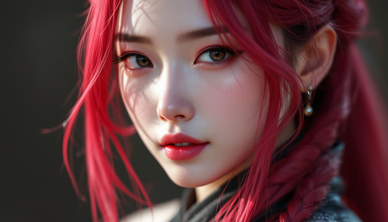AI generated: Pretty Chinese Girl with magenta colored hair, A stunning minimalist 3D CG of a woman's face, thick ...