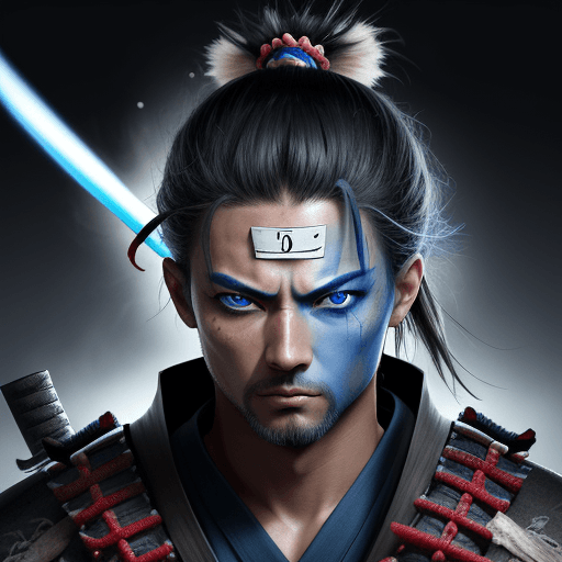 AI generated: haz un afiche imagen de the samurai blue eye and do it colorful and 3d, hyper realistic, daylight