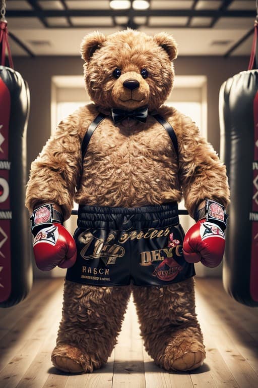 AI generated: (masterpiece), best quality, expressive eyes, perfect face, fantasy teddy bear ((boxing)), boxing fi...
