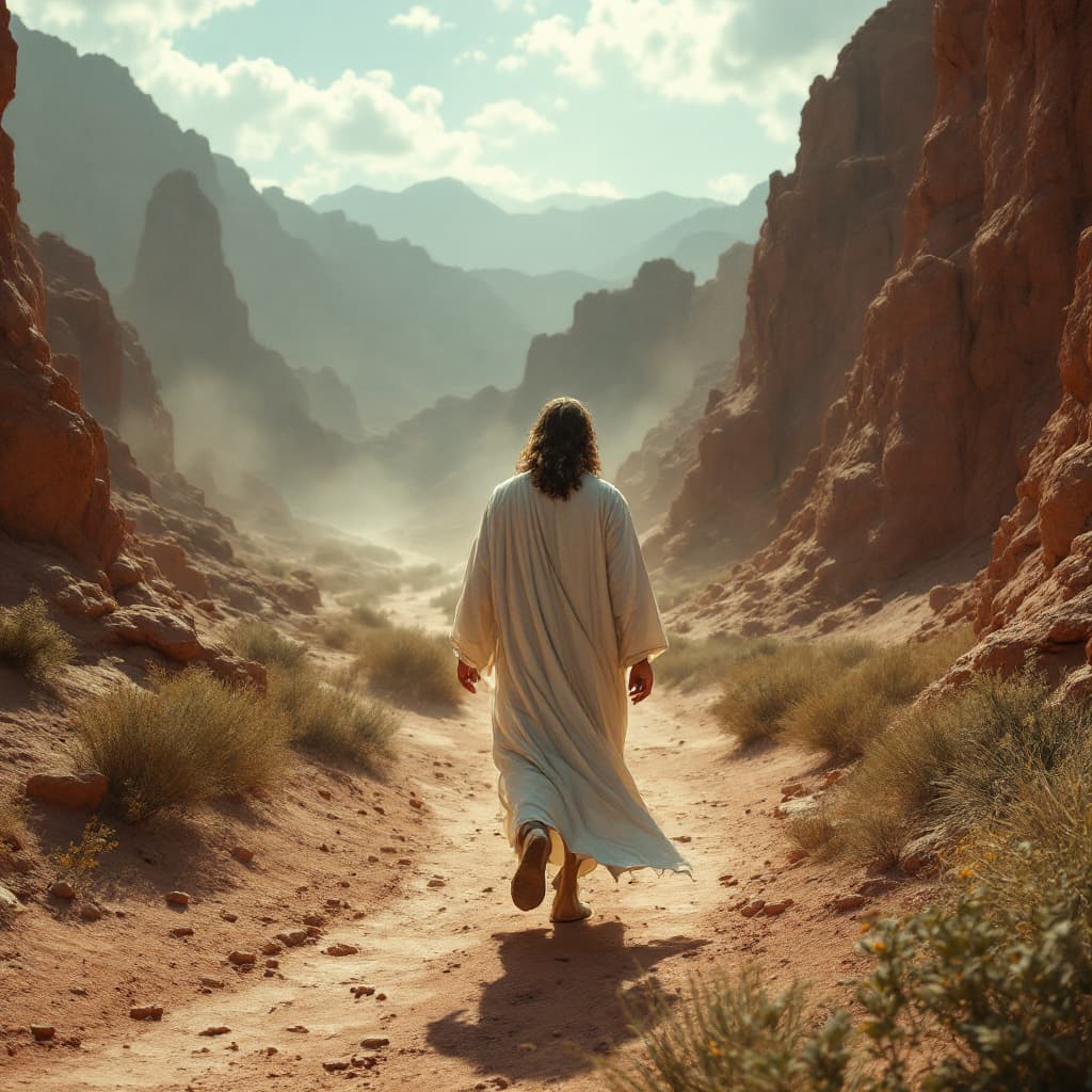 AI generated: 
Jesus walking in the desert right side the devil gonna be on the left side cinematic, hyper realism...