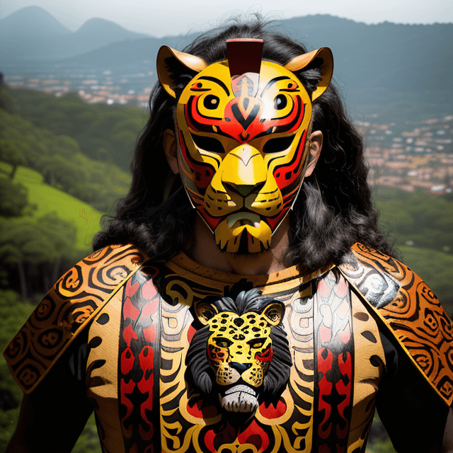 AI generated: man with jaguar warrior helmet mask with jaguar-style and abundant hair, wooden mask, fine wood deta...