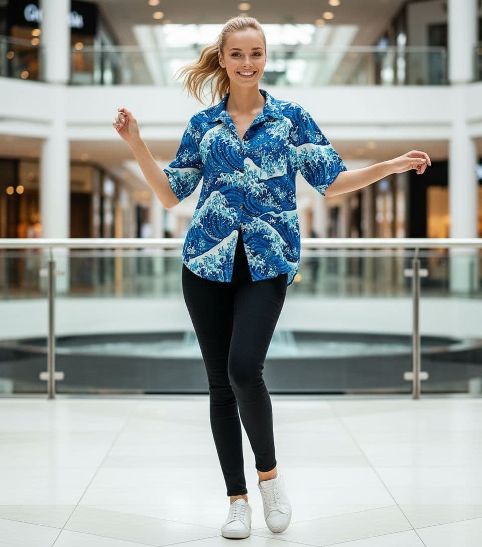 AI generated: Full body shot portrait of a beautiful slim waste model, grey eyes, dancing, in blue batik casual sh...