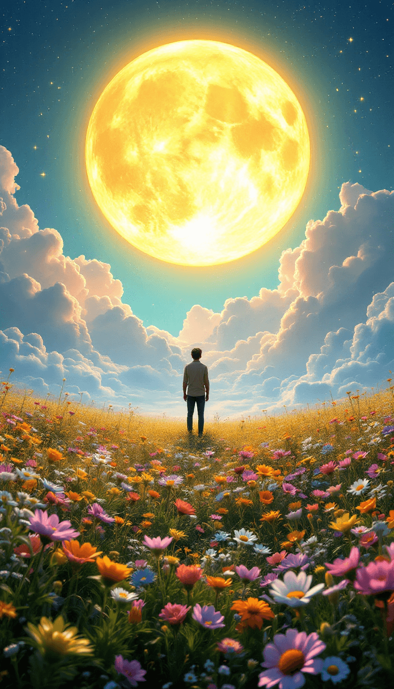 AI generated: A magical scene of a vast flower-filled meadow under a gigantic glowing golden full moon. A lone fig...