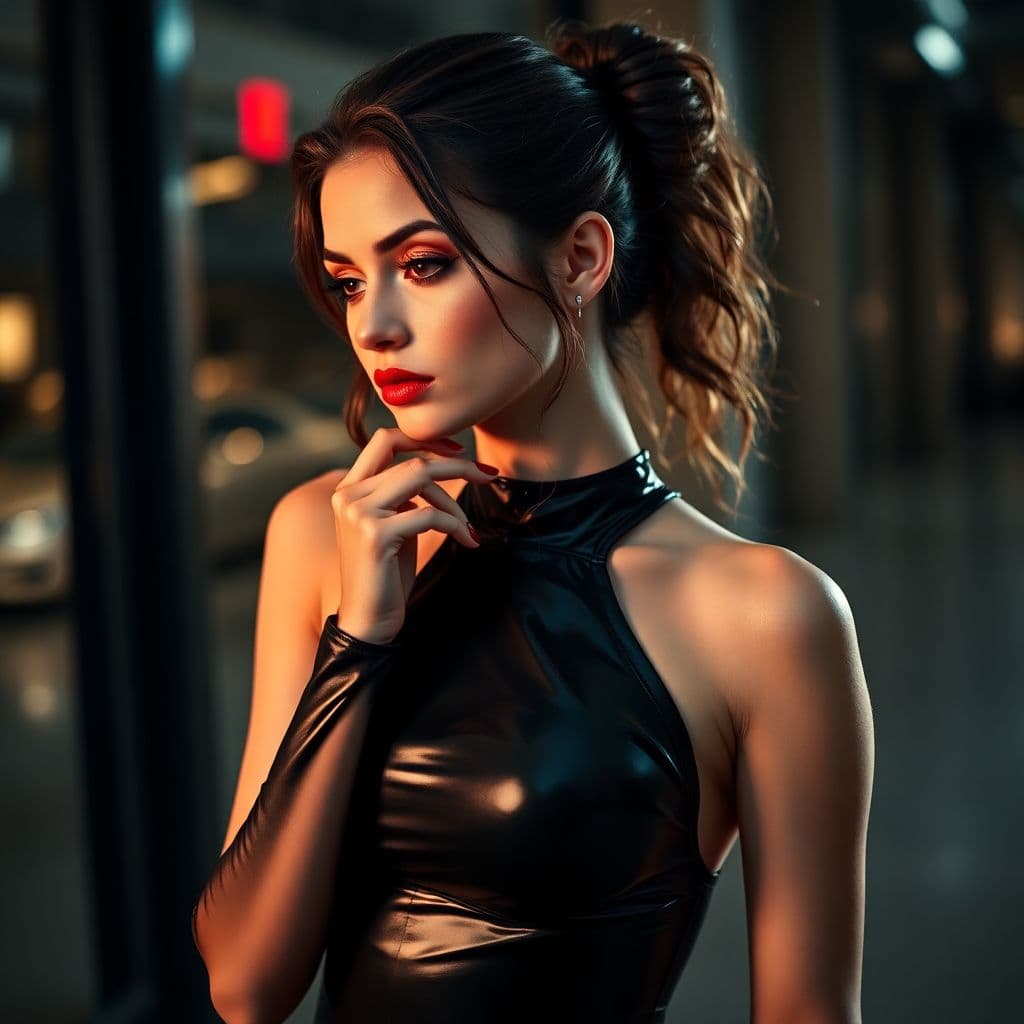 AI generated: Photoshoot for women's magazine. Thoughtful girl - Photo model. Clothes (Catsuit), Women's latex bod...