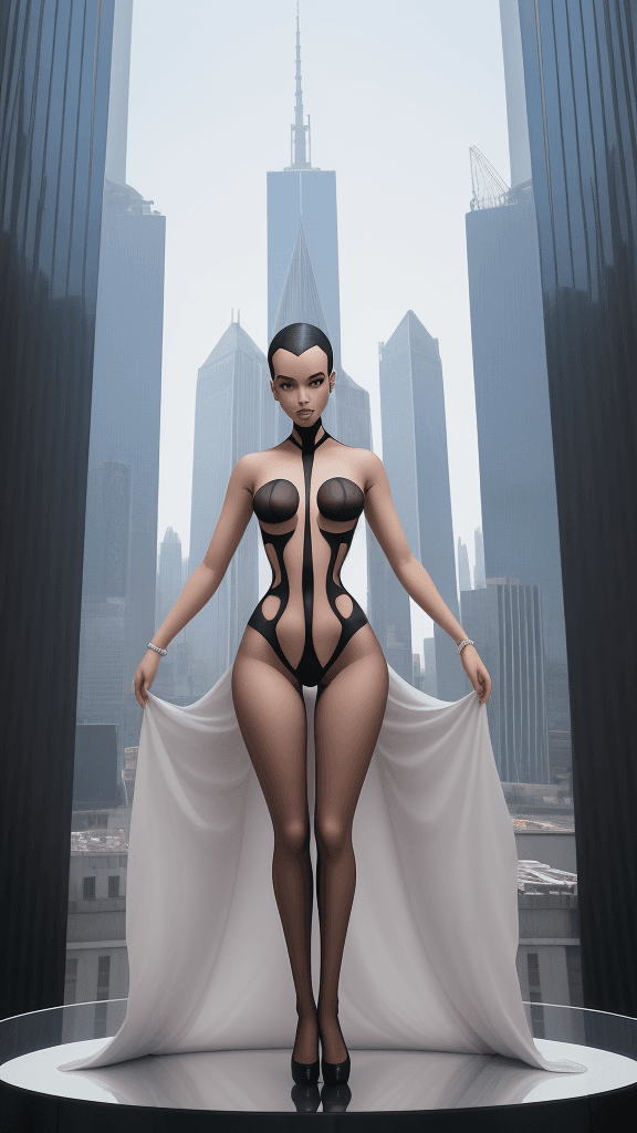 AI generated: adorned flawless
cutouts
poses open atop a towering skyscraper
her flawless
symmetrical figure empha...