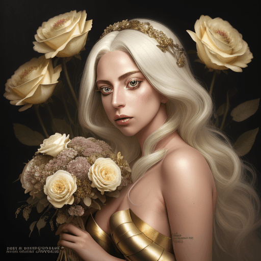 AI generated:  lady gaga cd cover photograph flowers, in the style of helene knoop, light bronze and gold, peter c...