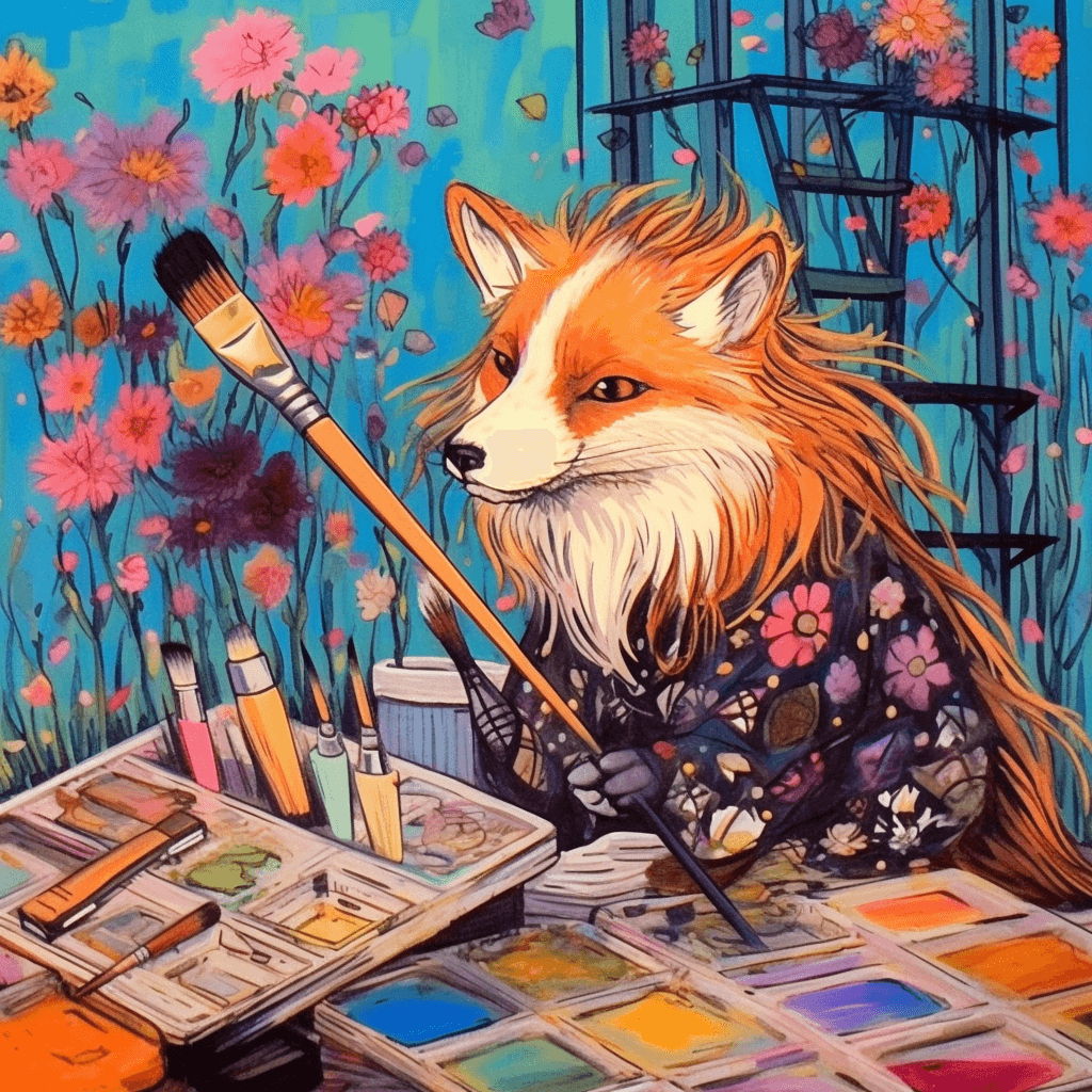 AI generated: T-shirt illustration, Sound-Touch Synesthesia style, an anime fox with an artist's paintbrush, a mis...