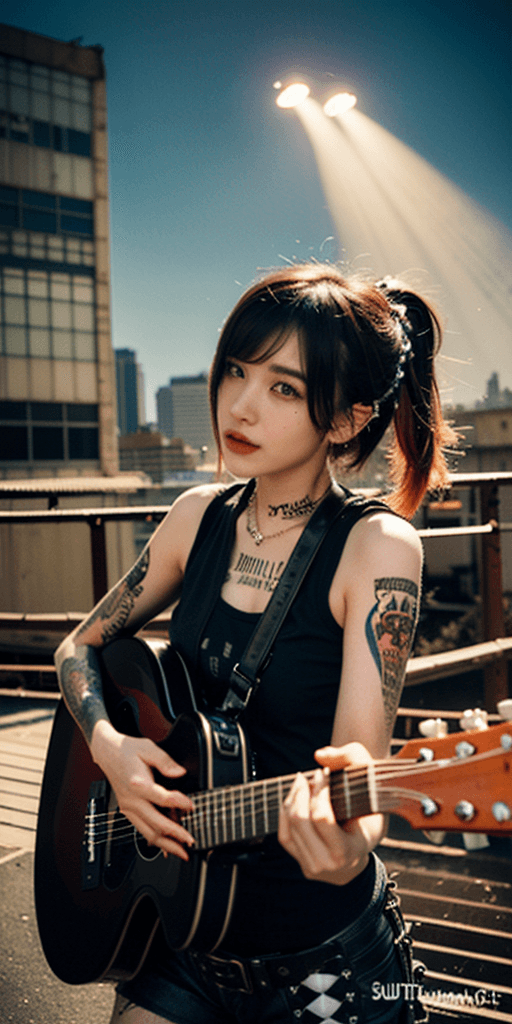 AI generated: bob cut,1girl, ((guitar:1)),Aesthetic: ((ruin punk, full and intense color, subculture):1.4) 
BREAK...
