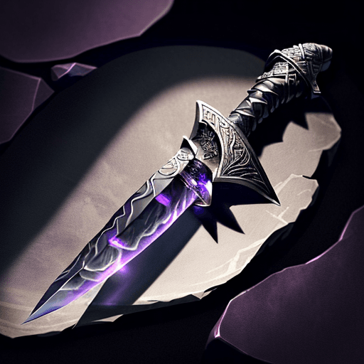 AI generated: top down view; a short sword on a pedistal with an obsidian blade. The short sword has small quillio...