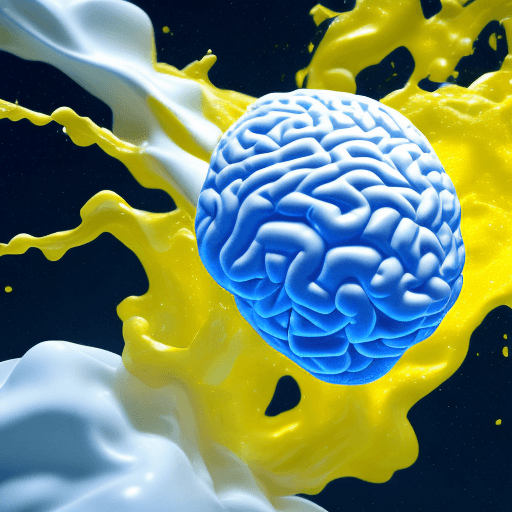 AI generated: brain made from white silicone floating in clean and light space with a lot of yellow and blue fluid...