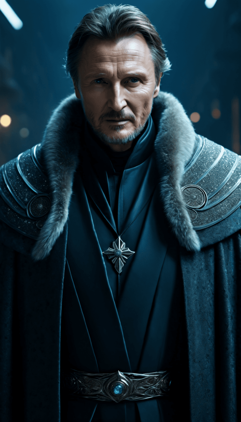 AI generated: In the chilling dystopian cityscape of a Cyberpunk future, Liam Neeson, a 70-year-old man with a com...