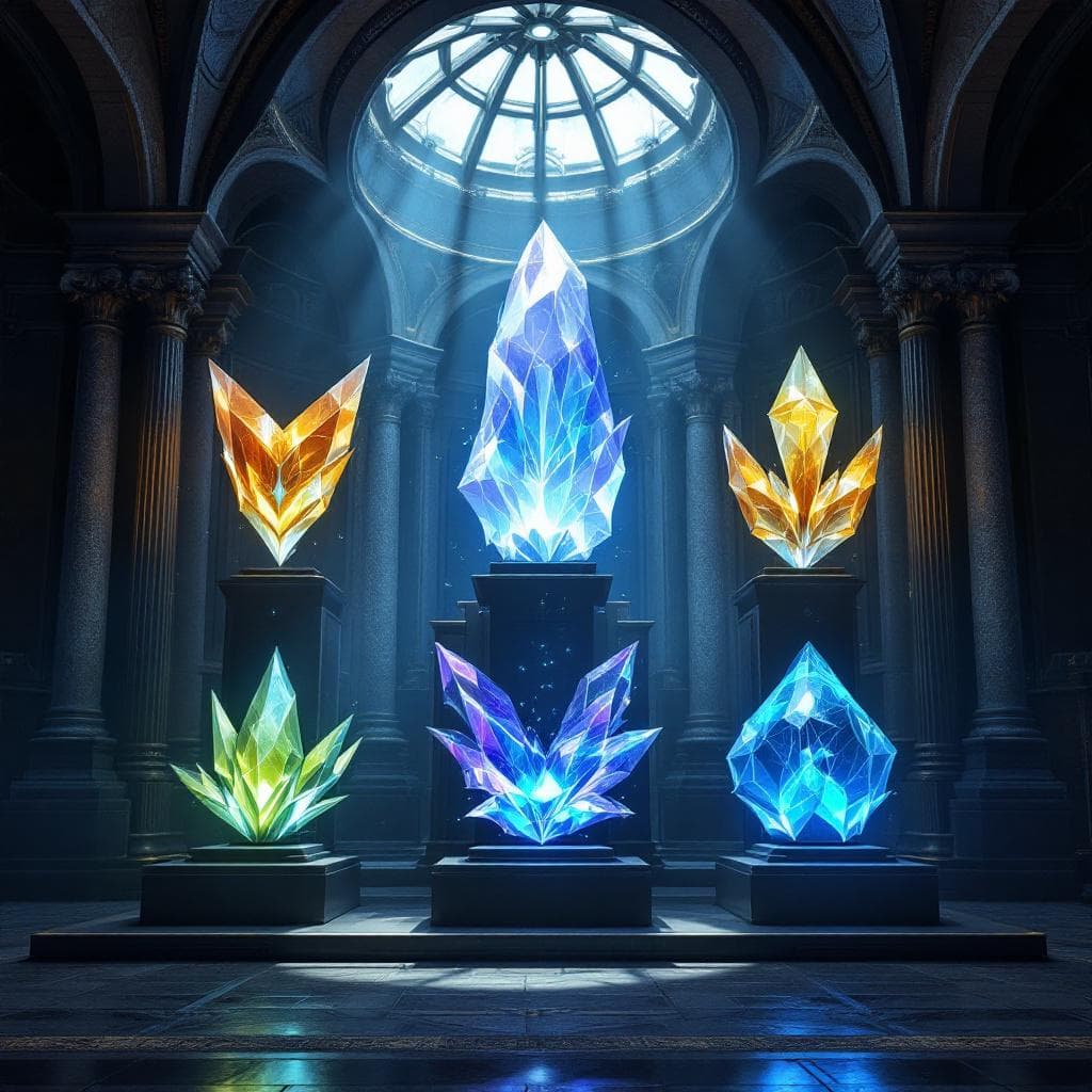 AI generated: The Shards of Power and Influence. Display 6 Shards of Power, fragmented. Displayed in the Great Hal...