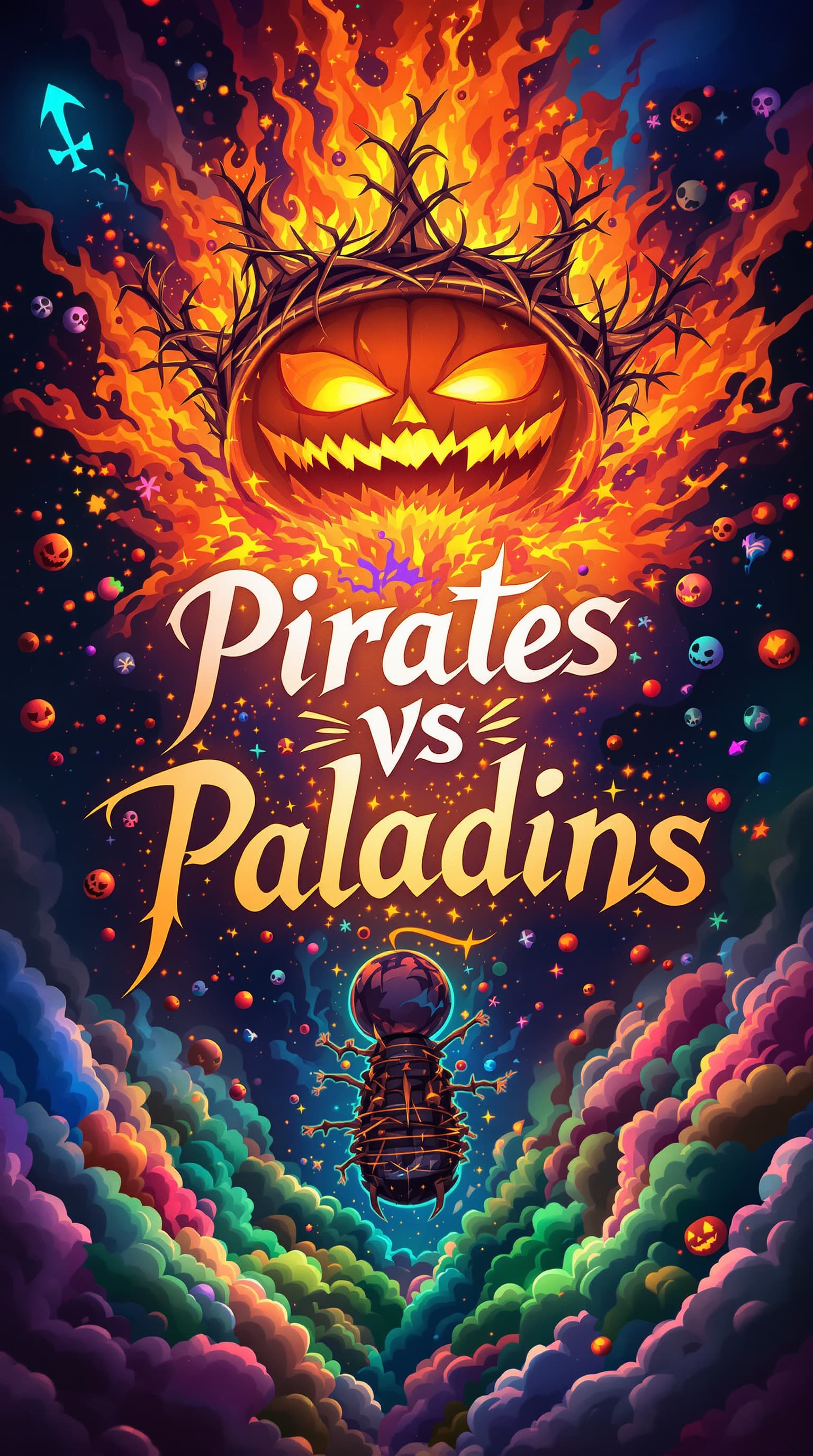 AI generated: Heraldic Steampunk Pirate Flag, featuring a glowing pumpkin crown of thorns, above a luminous fiery ...
