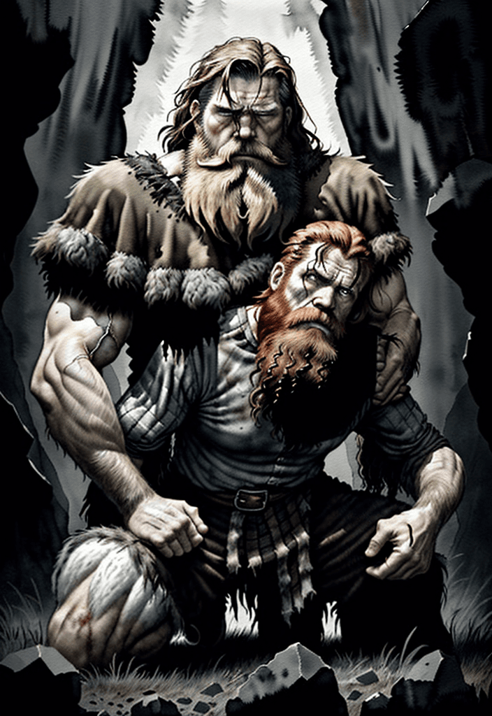 AI generated: Watercolor style, Stoick, age 50, is a great, shaggy mountain of a man, whose conquests have become ...