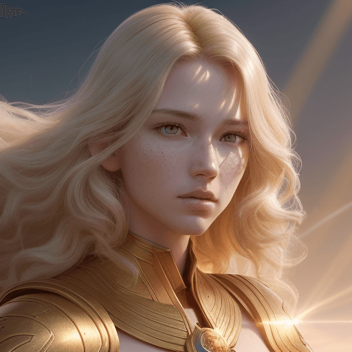 AI generated: enbodyment of the sun, sunrays for hair, 25 y/o, golden skin, portrait, centered, detailed character...