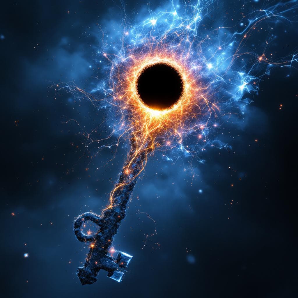 AI generated: Create a key made of Light and energy with a black hole that has light flowing out of it at the hilt...