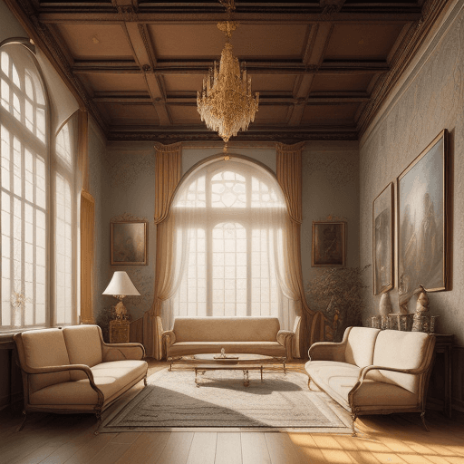 AI generated: High resolution photography interior design, dreamy castle interior living room, wooden floor, small...