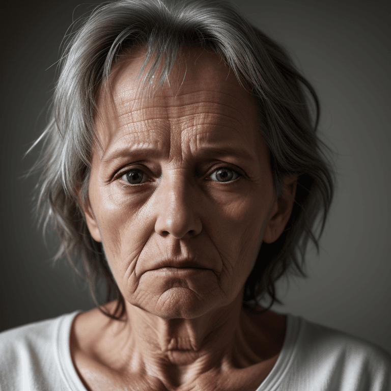 AI generated: hyper realistic headshot photo of a 60 year old,  unkempt woman, she has a depressed look, looking i...
