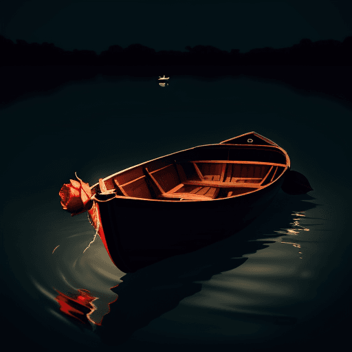 AI generated: a lonely rose in a boat floating in dark waters