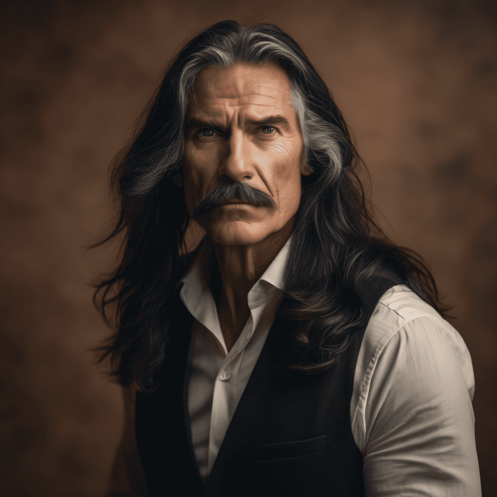AI generated: A timeless 55-year-old long black hair man with chiseled features and a captivating angry poses agai...