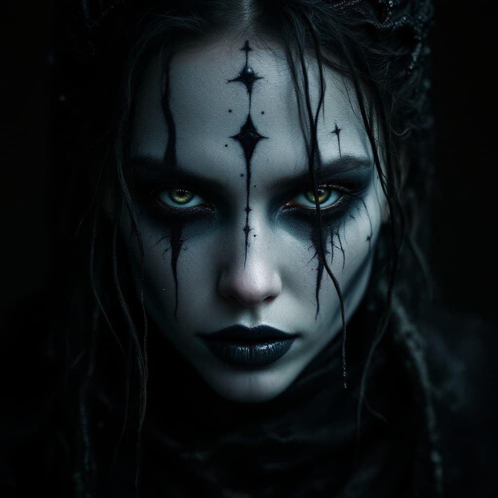 AI generated: Design a photorealistic portrait of a woman with dark makeup and artistic makeup, in a dark conceptu...