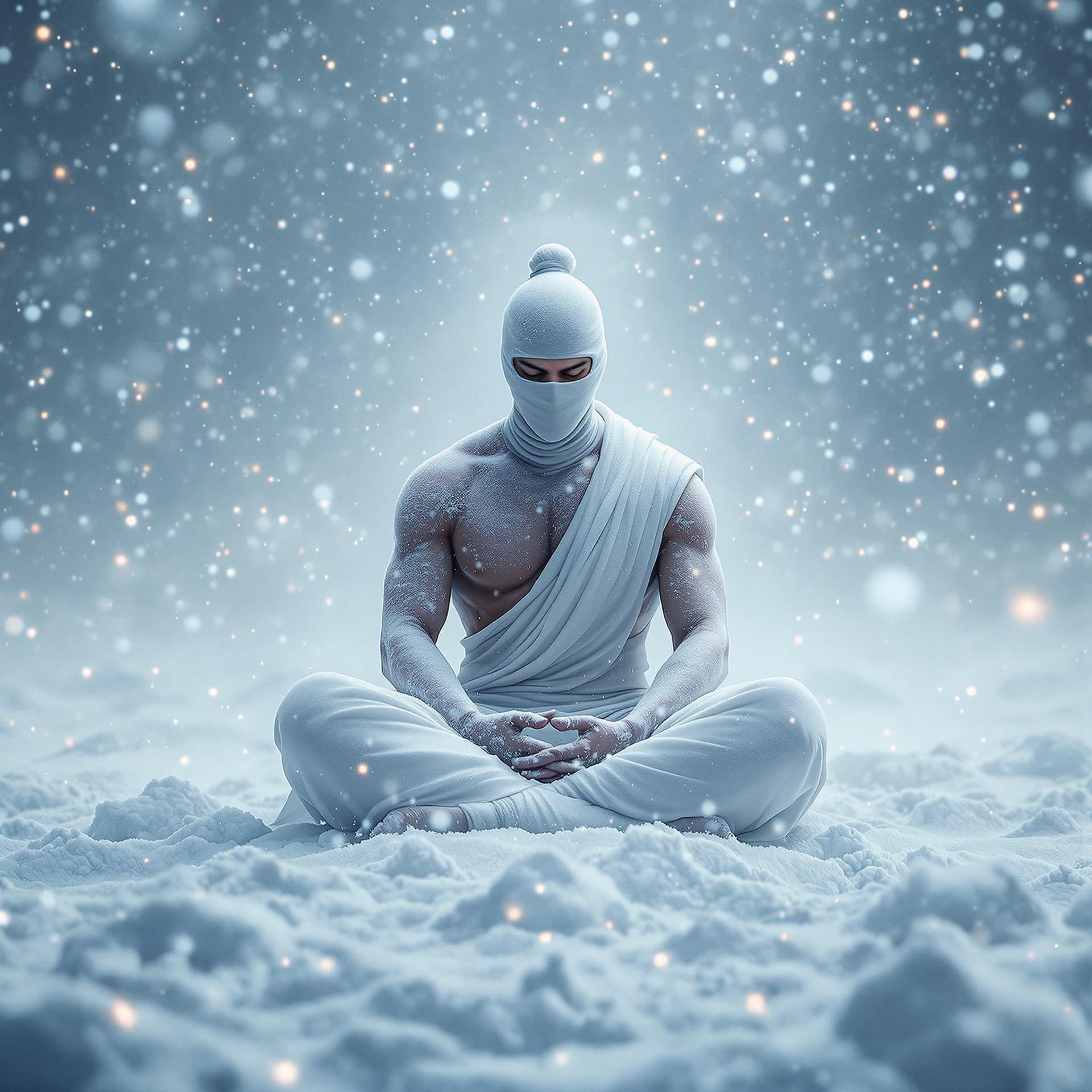 AI generated:  A hyper-realistic, cinematic image of a lone ninja sitting in deep meditation amidst a violent bliz...