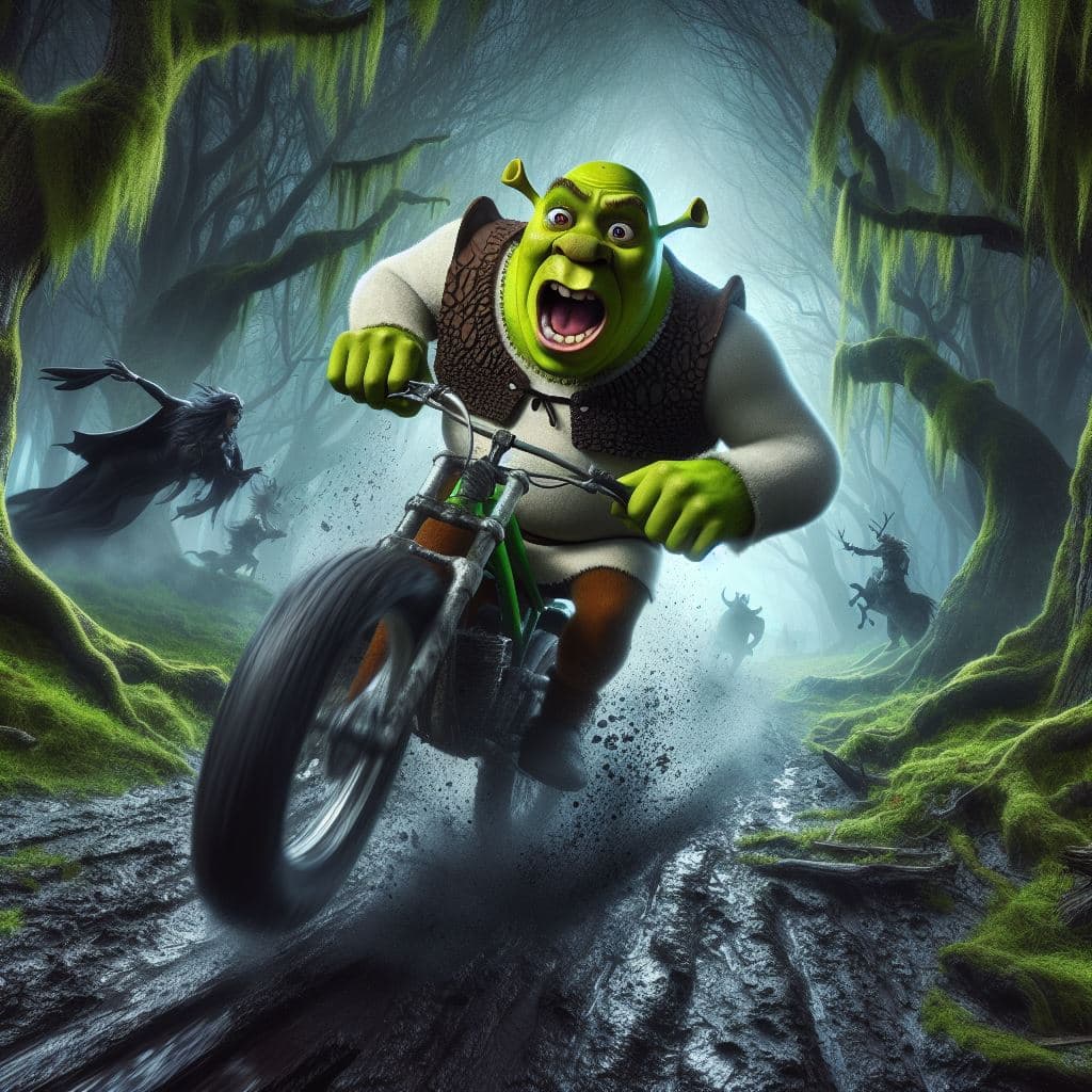 AI generated: Shrek very scared with cape escaping from an ogre on flying bike in the enchanted forest, living tre...